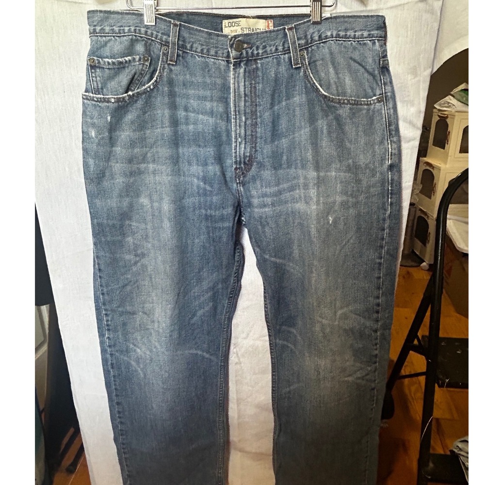 Levis 569 Loose Straight Leg Jeans Mens 38x32 Med Wash Distressed Denim VTG